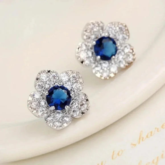 Sapphire Blue Pave Crystal Flower Stud Earrings - Picture 3 of 4